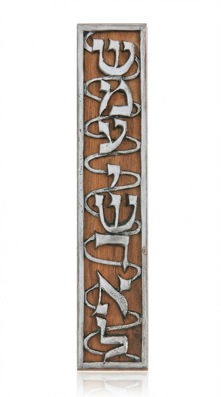 Mahogany wooden Mezuzah with Shema prayer in pewter, perfect for home doorways, with detailed engravings and decorative motifs.