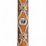 Sahara Mezuzah made of pewter with enamel hand painting, measures 5.25 inches tall, designed for home doorpost decoration.