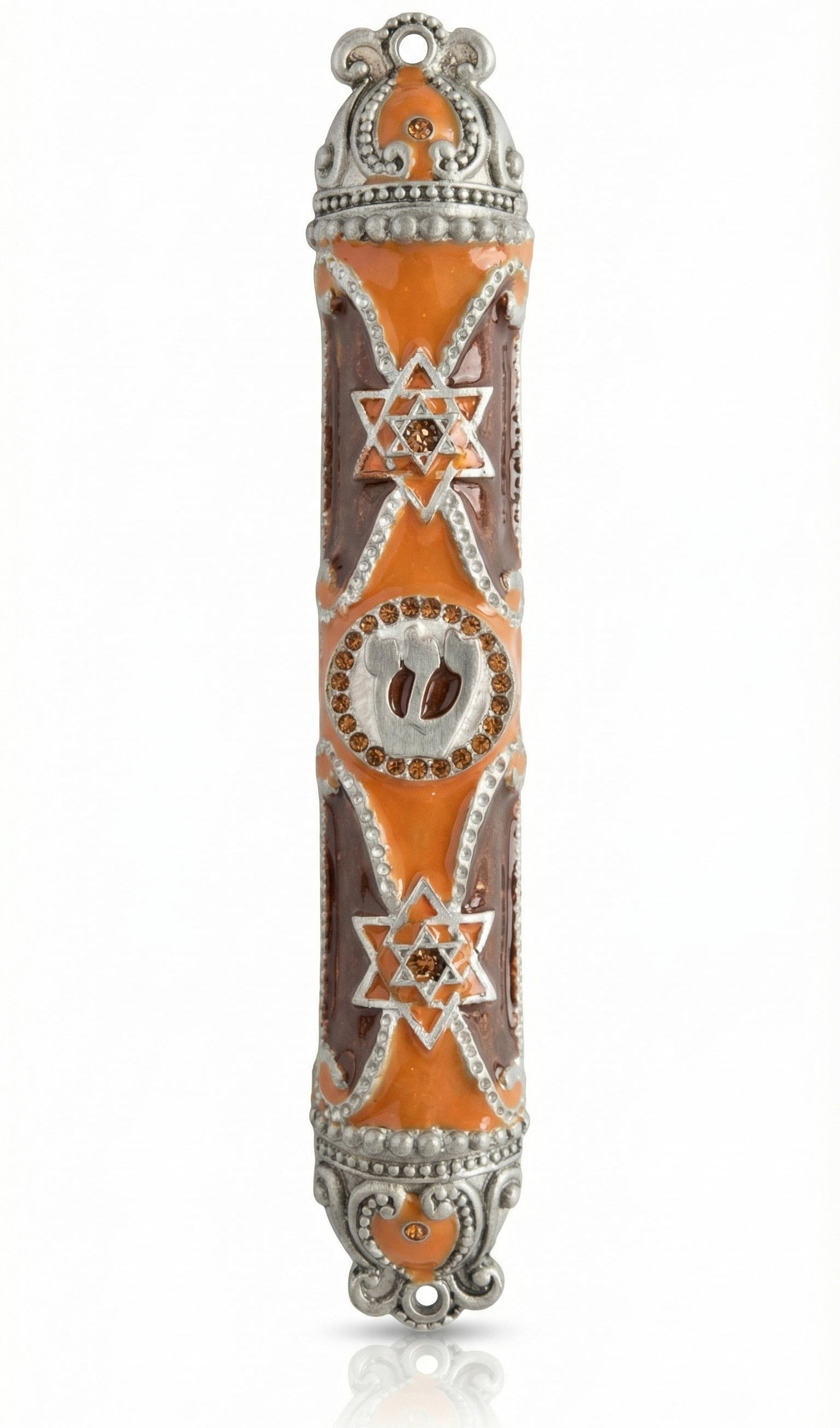 Sahara Mezuzah made of pewter with enamel hand painting, measures 5.25 inches tall, designed for home doorpost decoration.