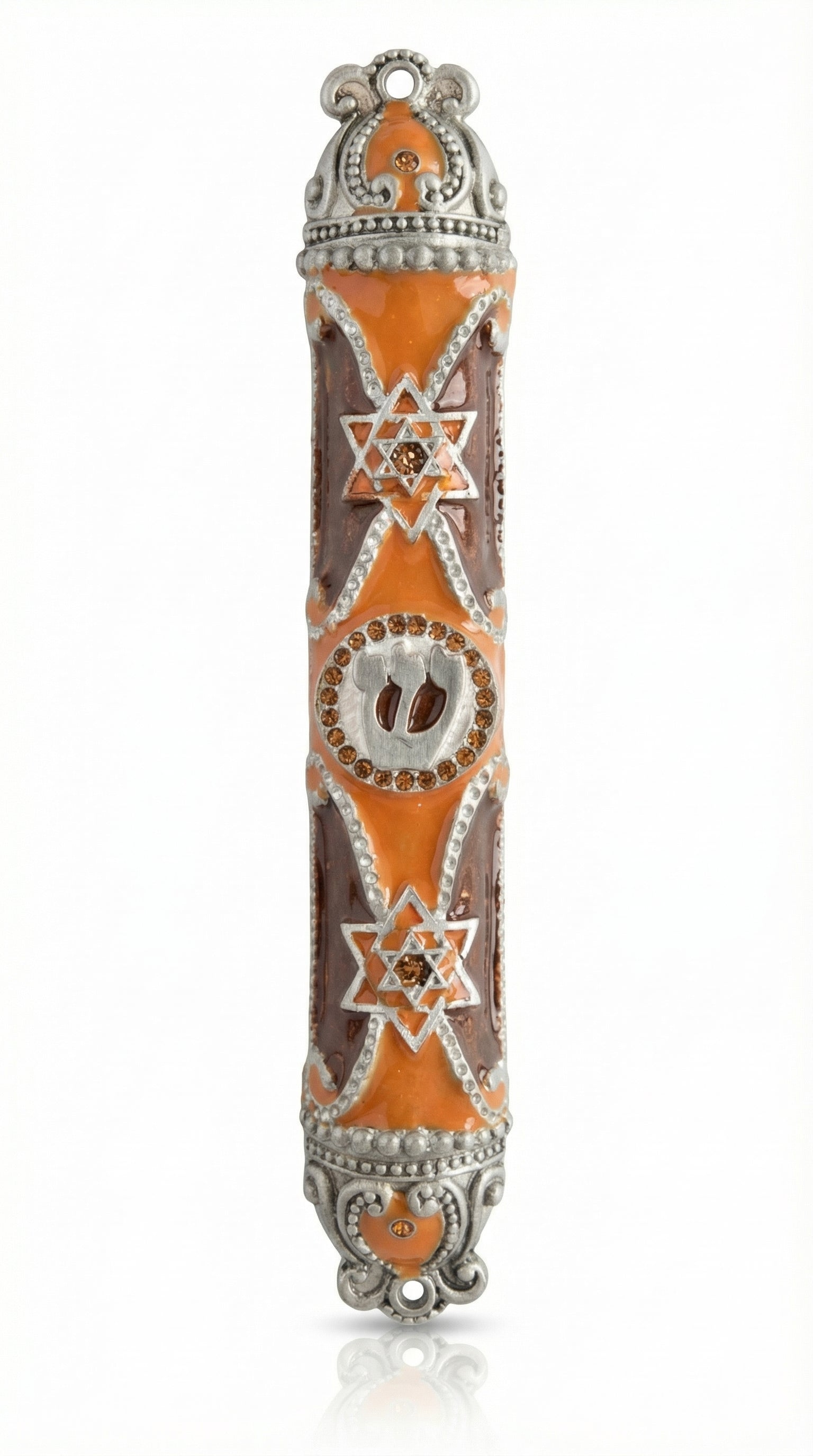 Sahara Mezuzah made of pewter with enamel hand painting, measures 5.25 inches tall, designed for home doorpost decoration.