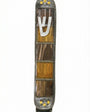 Sands of Change Desert Pewter Mezuzah with a dark pewter frame, five brown and amber glass panels, a silver Shin, and six small gold-tone sequins
