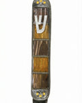 Sands of Change Desert Pewter Mezuzah with a dark pewter frame, five brown and amber glass panels, a silver Shin, and six small gold-tone sequins