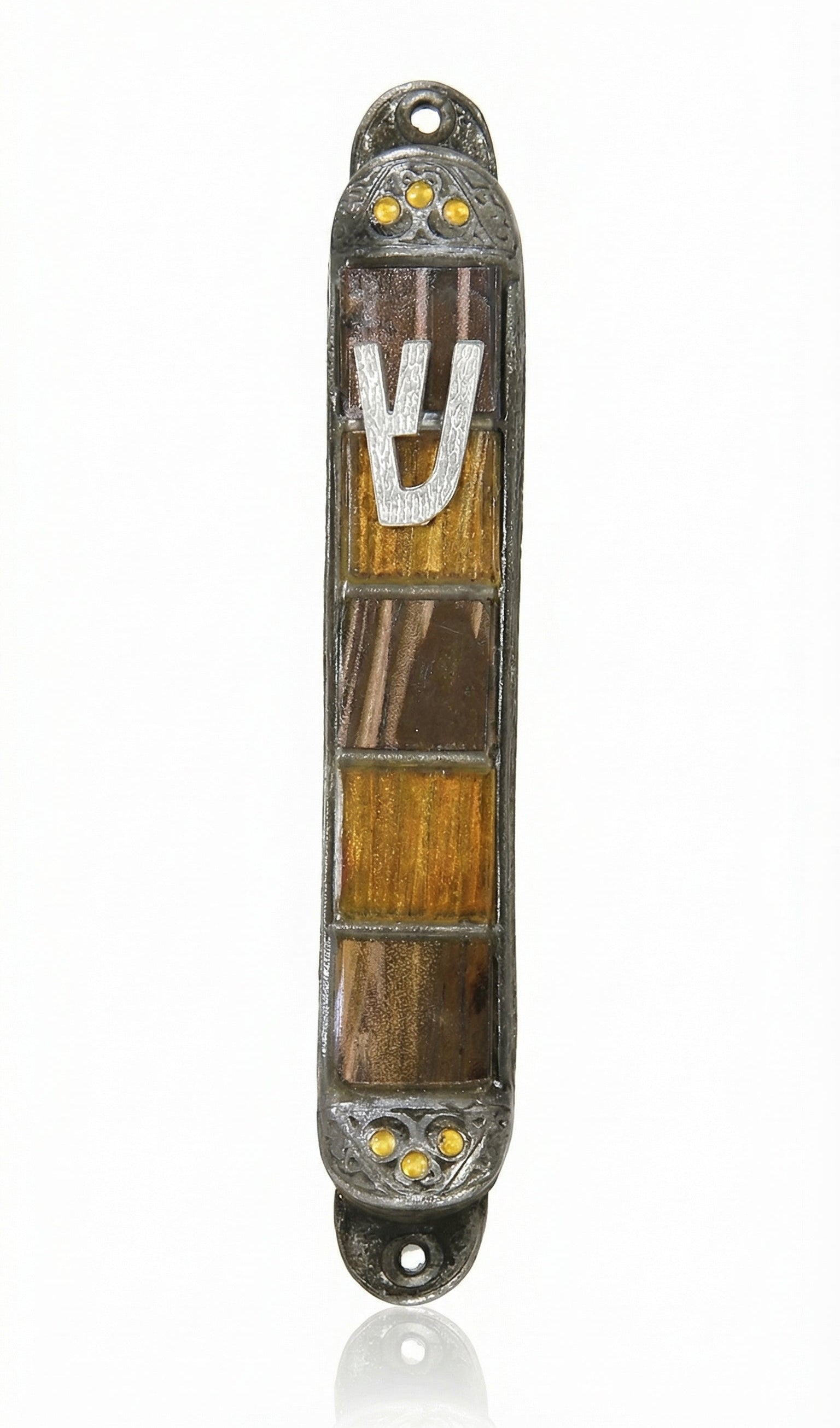 Pewter Mezuzah with desert motif, rich tones, decorative sequin framing, precise engravings, and detailed Hebrew inscriptions for home blessing.
