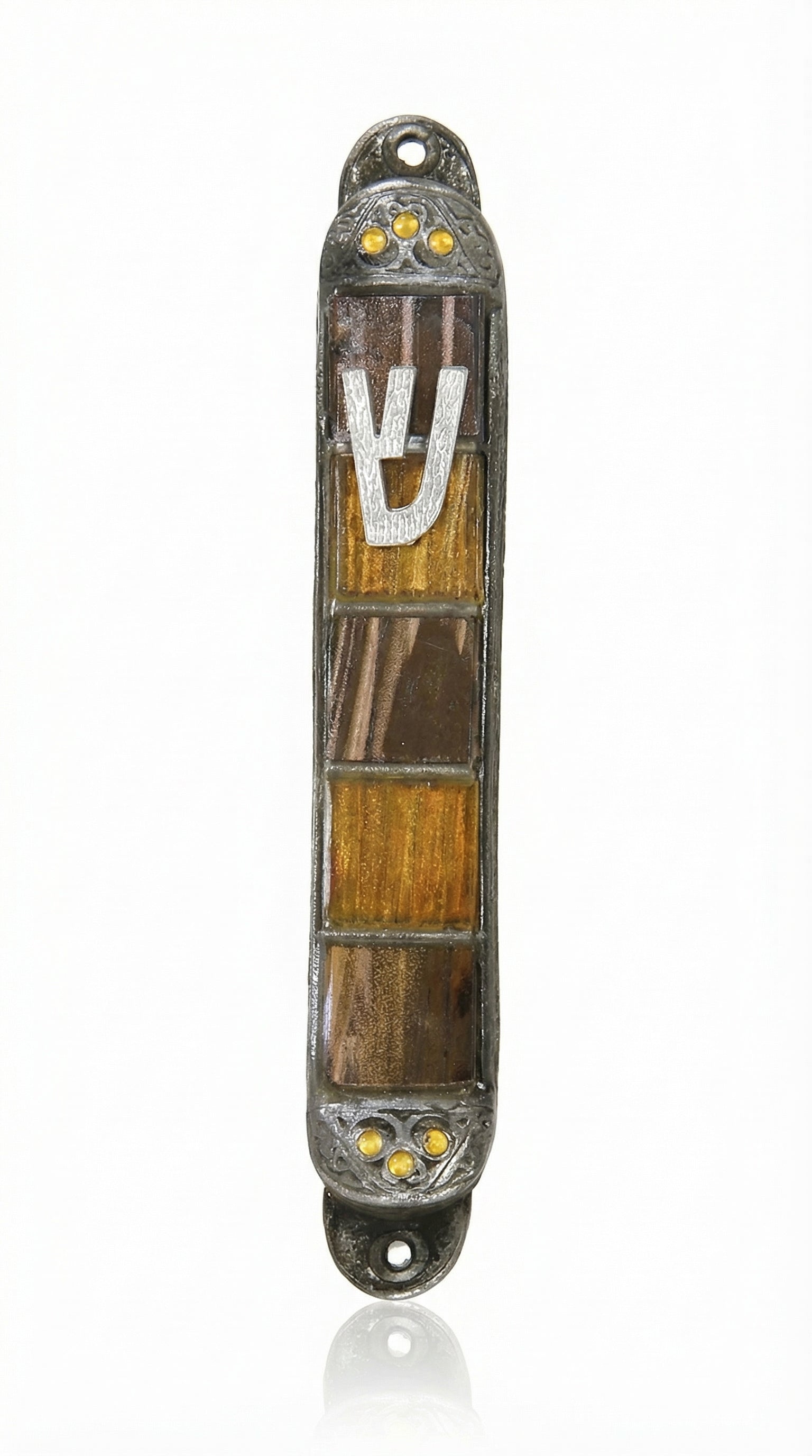Pewter Mezuzah with desert motif, rich tones, decorative sequin framing, precise engravings, and detailed Hebrew inscriptions for home blessing.