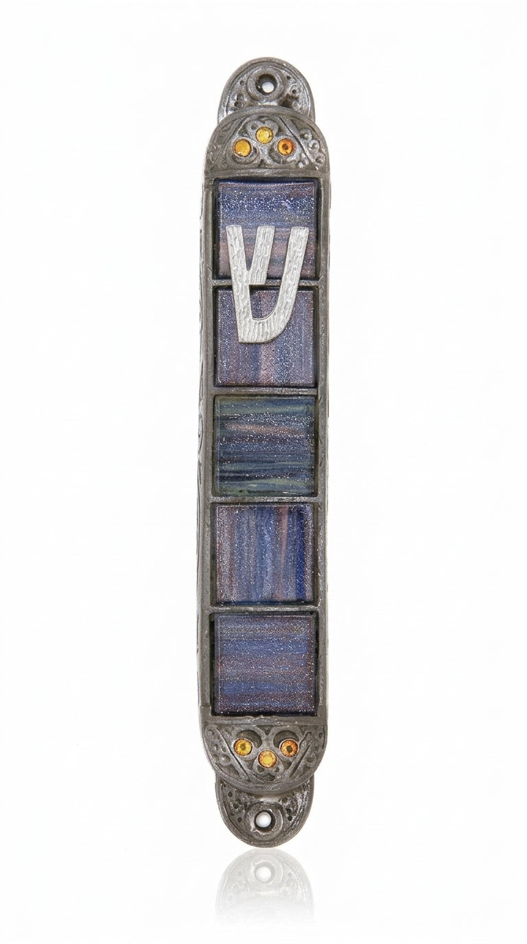 Pewter mezuzah with a rich palette, six sequins frame, detailed Hebrew engravings, and a sleek design for home blessing.