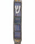 Pewter mezuzah with a rich palette, six sequins frame, detailed Hebrew engravings, and a sleek design for home blessing.