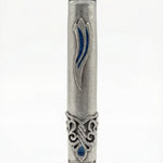 Sapphire Shin Mezuzah made of pewter, measuring 6 inches tall with detailed Hebrew inscriptions and decorative motifs, displayed on a white background.