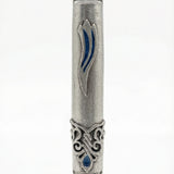 Sapphire Shin Mezuzah made of pewter, measuring 6 inches tall with detailed Hebrew inscriptions and decorative motifs, displayed on a white background.