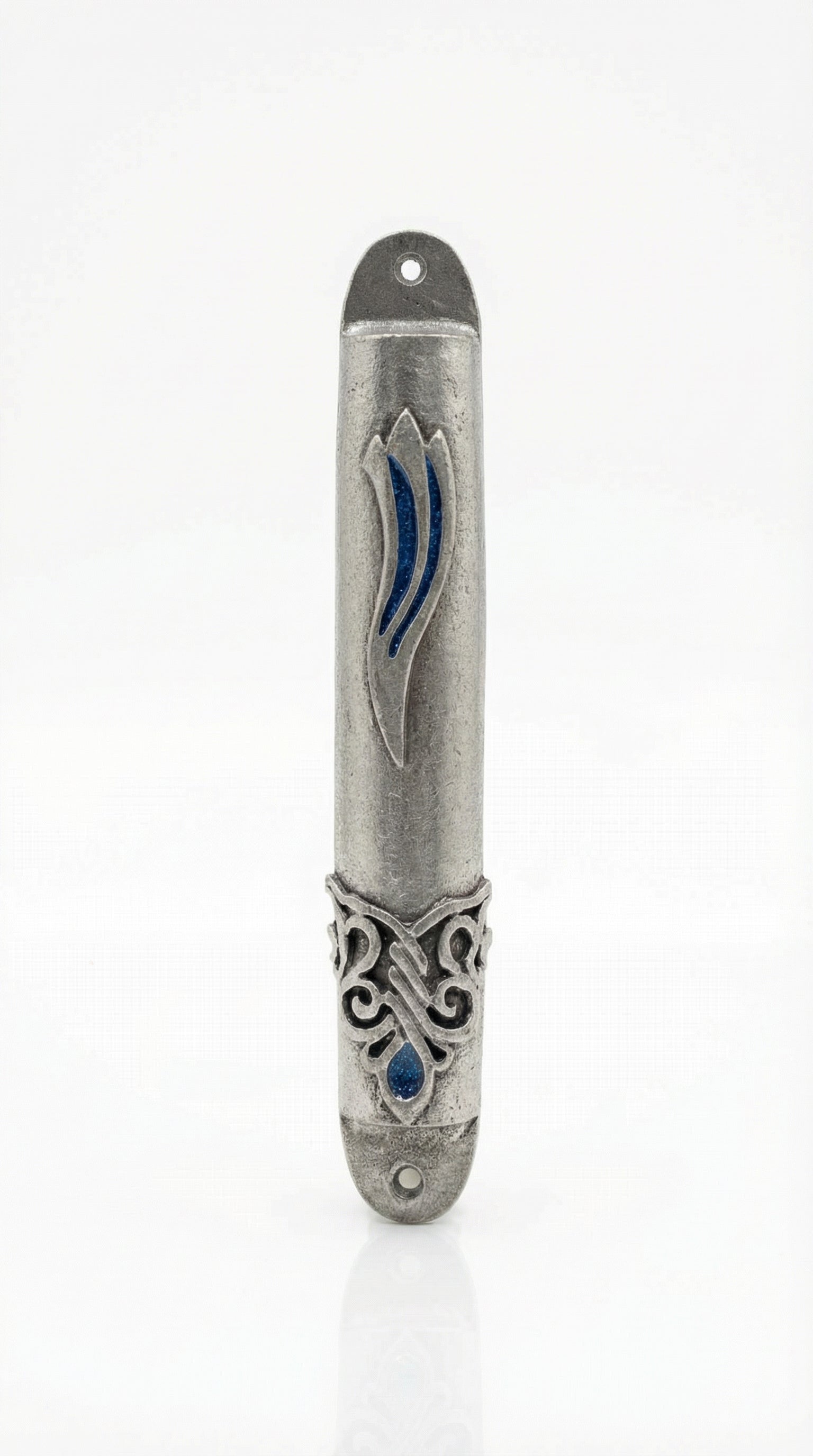 Silver-toned pewter mezuzah case with a stylized blue Shin and ornate filigree detailing.
