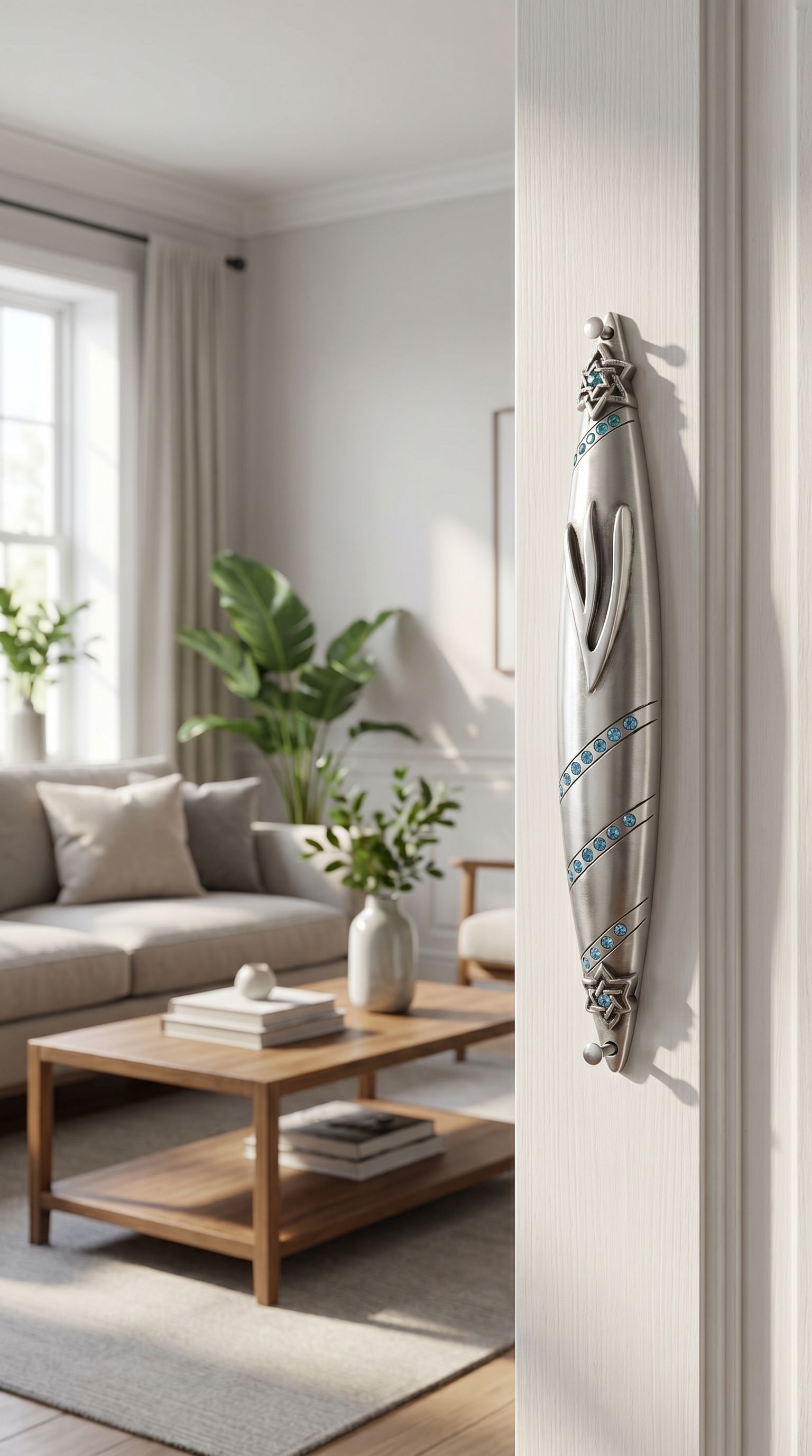 Hyper-realistic scene showing sapphire trail pewter mezuzah on the right side inside a stylish home doorway with warm lighting and elegant decor.