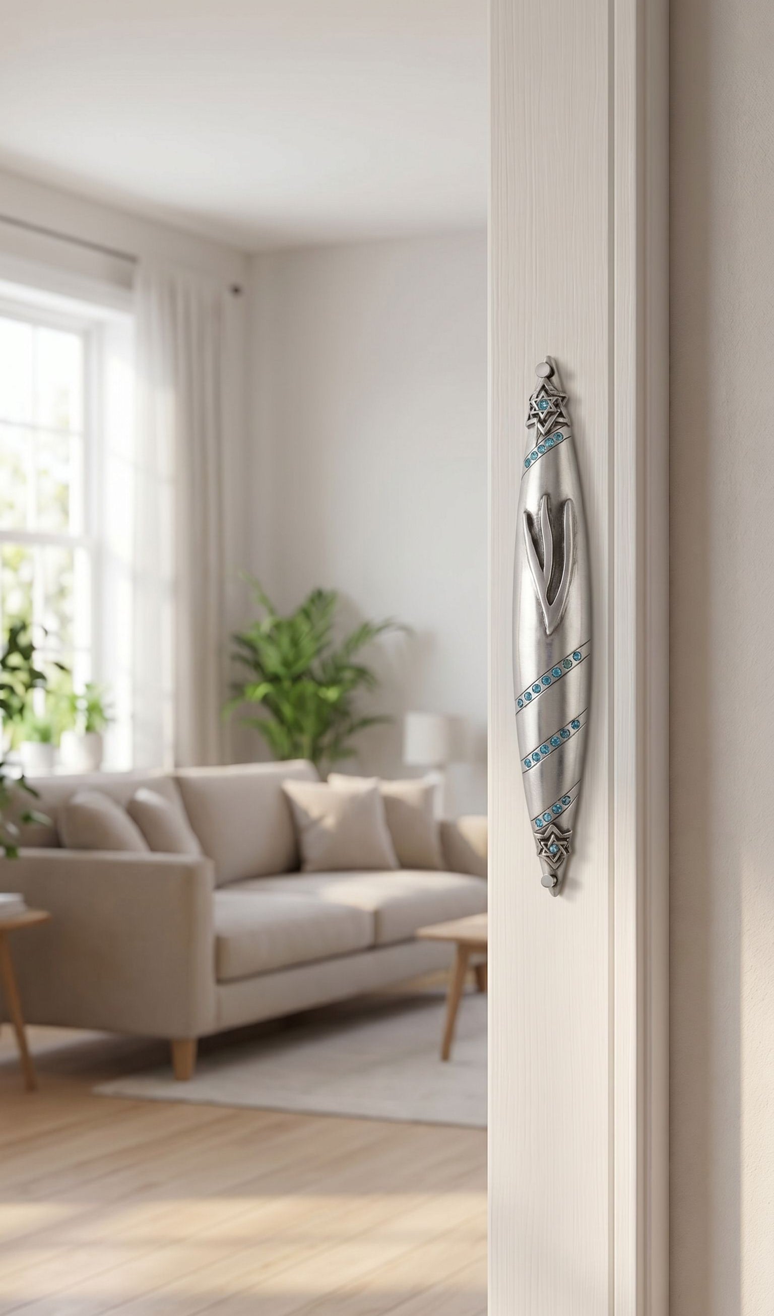 Hyper-realistic image of a polished pewter mezuzah with blue gemstones mounted on the right side of an interior doorway in a stylish home setting.