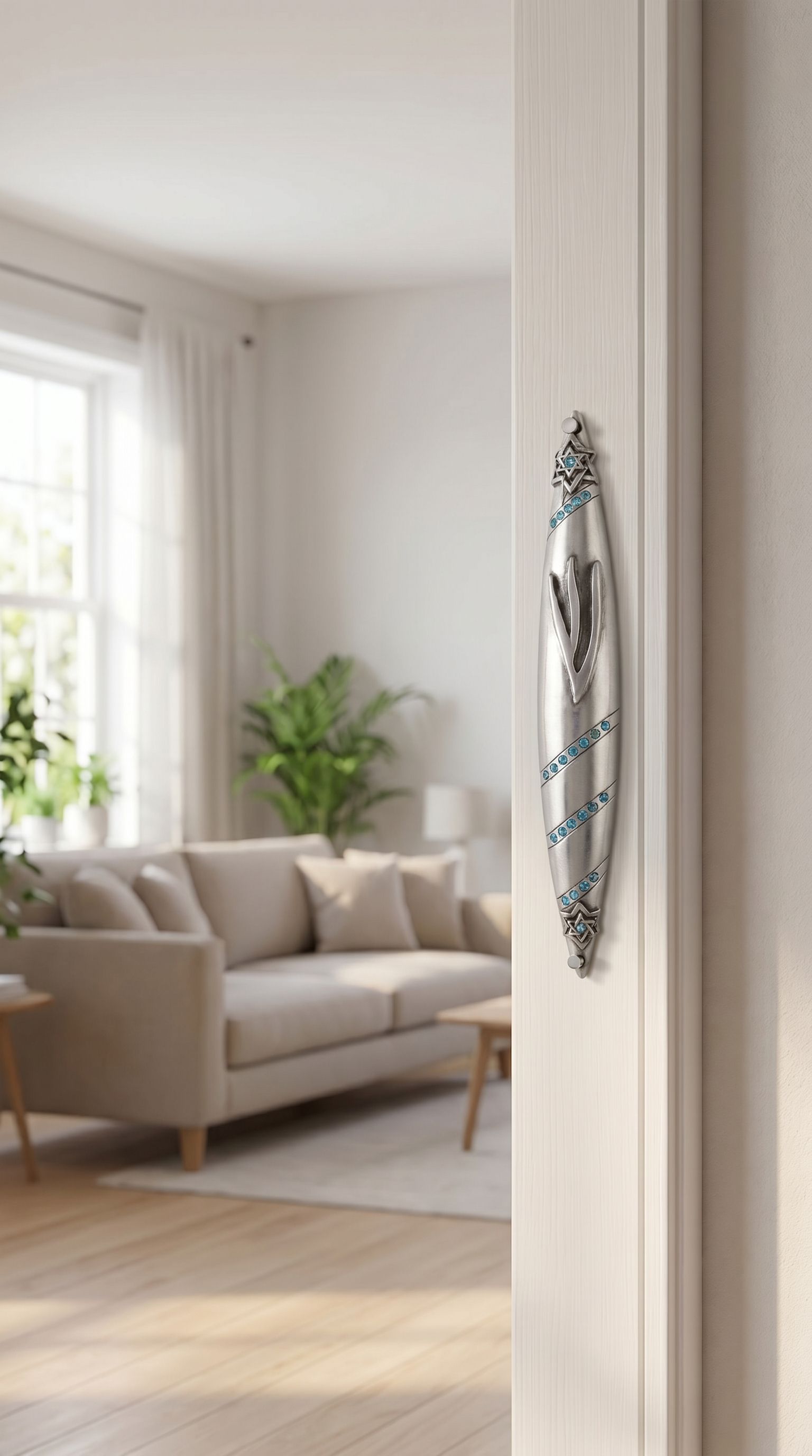 Hyper-realistic image of a polished pewter mezuzah with blue gemstones mounted on the right side of an interior doorway in a stylish home setting.