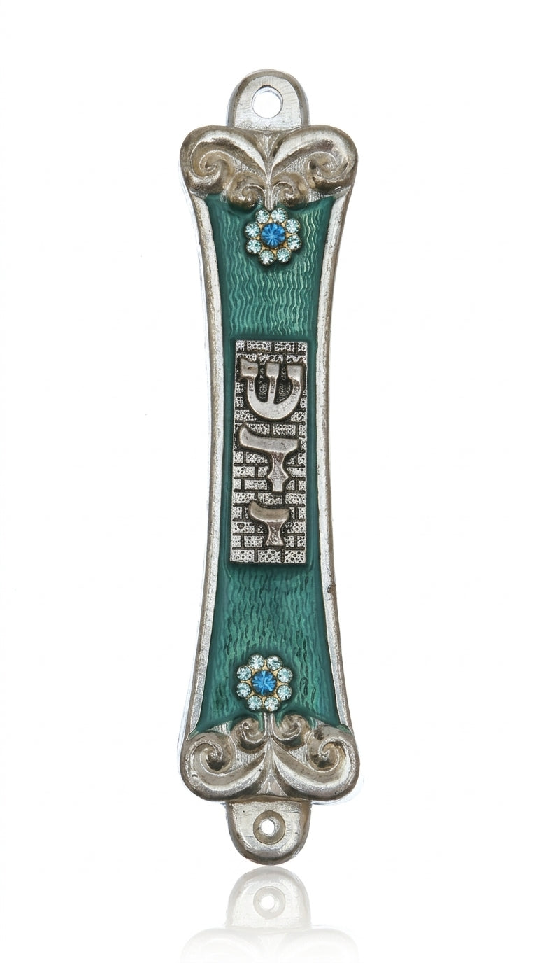 Luxurious Sarah Mezuzah in pewter with hand-painted details and floral accents, designed for doorposts and home blessing.