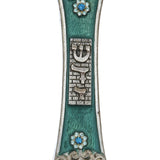 Luxurious Sarah Mezuzah in pewter with hand-painted details and floral accents, designed for doorposts and home blessing.