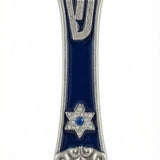 High-resolution image of Sarah Mezuzah with hand-painted details, floral accents, and engraved Hebrew letters, on a bright white background with soft reflection.