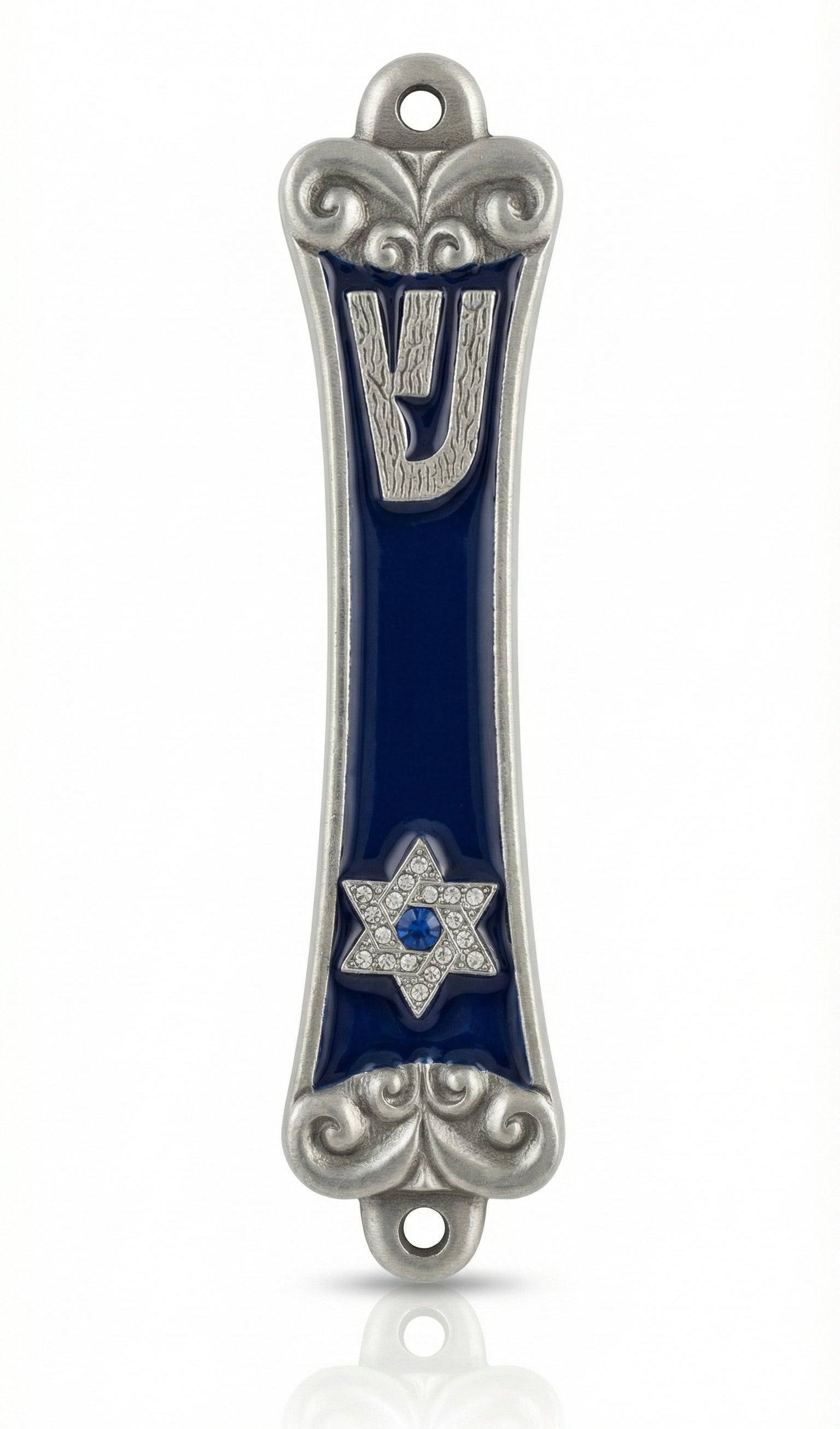 High-resolution image of Sarah Mezuzah with hand-painted details, floral accents, and engraved Hebrew letters, on a bright white background with soft reflection.