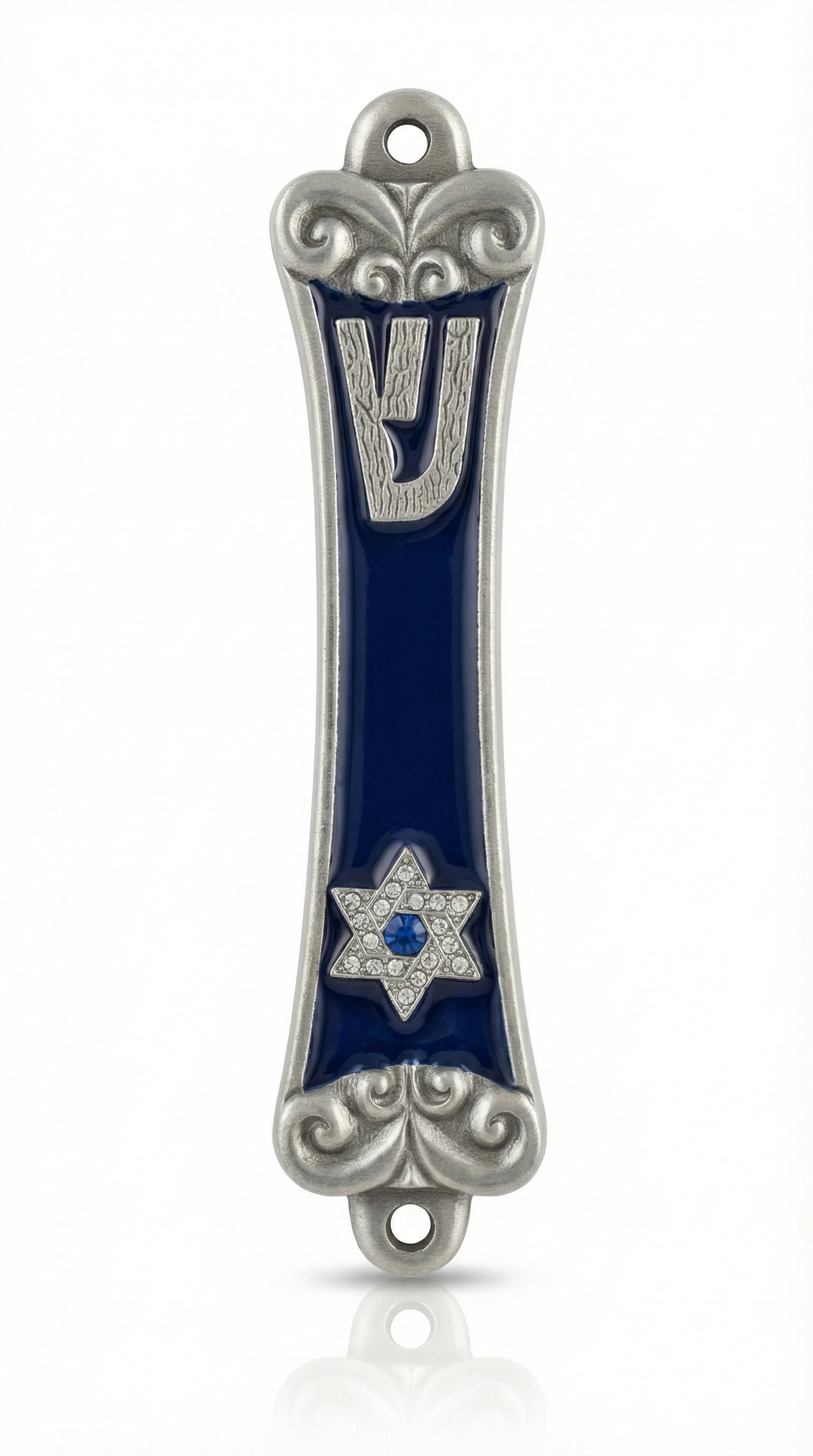 High-resolution image of Sarah Mezuzah with hand-painted details, floral accents, and engraved Hebrew letters, on a bright white background with soft reflection.