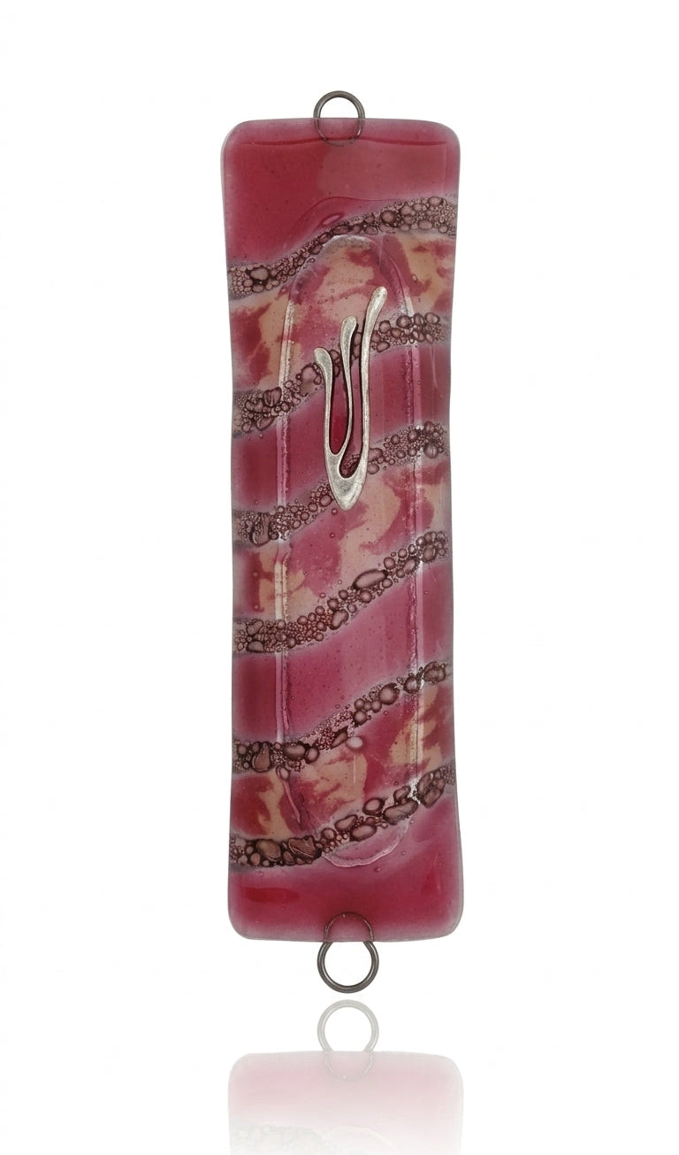Elegant Savannah Mezuzah made of glass with Hebrew inscriptions, detailed carvings, and decorative motifs, set against a white background with subtle reflection.