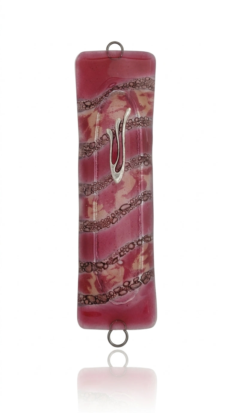 Elegant Savannah Mezuzah made of glass with Hebrew inscriptions, detailed carvings, and decorative motifs, set against a white background with subtle reflection.