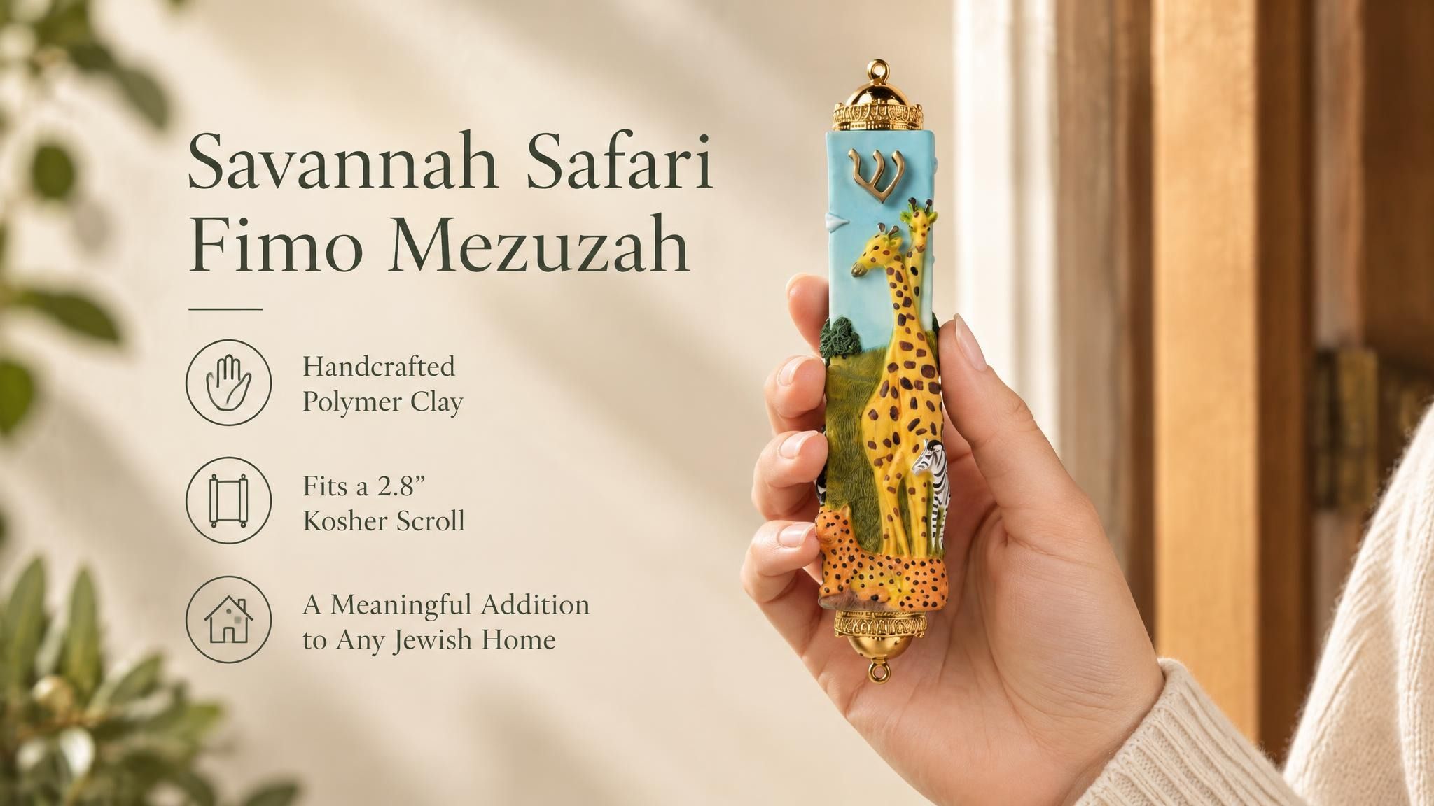 Savannah Safari Fimo Mezuzah mezuzah cover held upright in one hand, showing a pale blue Fimo body with tall yellow giraffes, a zebra, spotted animals, green scenery and a gold-colored Hebrew Shin beneath decorative brass fittings beside the product name and illustrated design features in a wide social-sharing graphic for decorative Jewish home Judaica