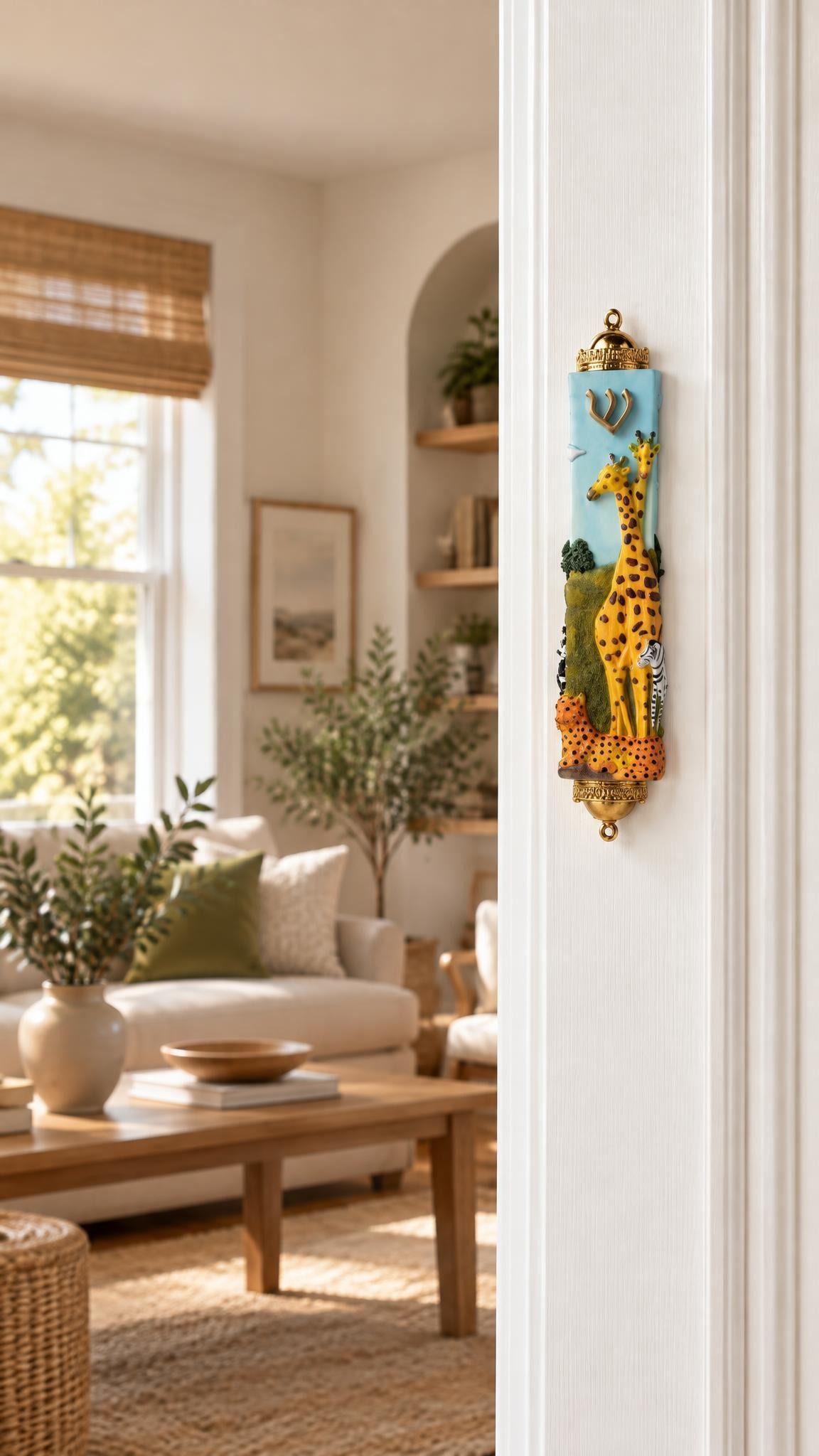 Savannah Safari Fimo children’s mezuzah cover mounted vertically on a pale interior doorpost, with yellow giraffes, a zebra and spotted animals rising from green scenery beneath a gold-colored Hebrew Shin on the pale blue body