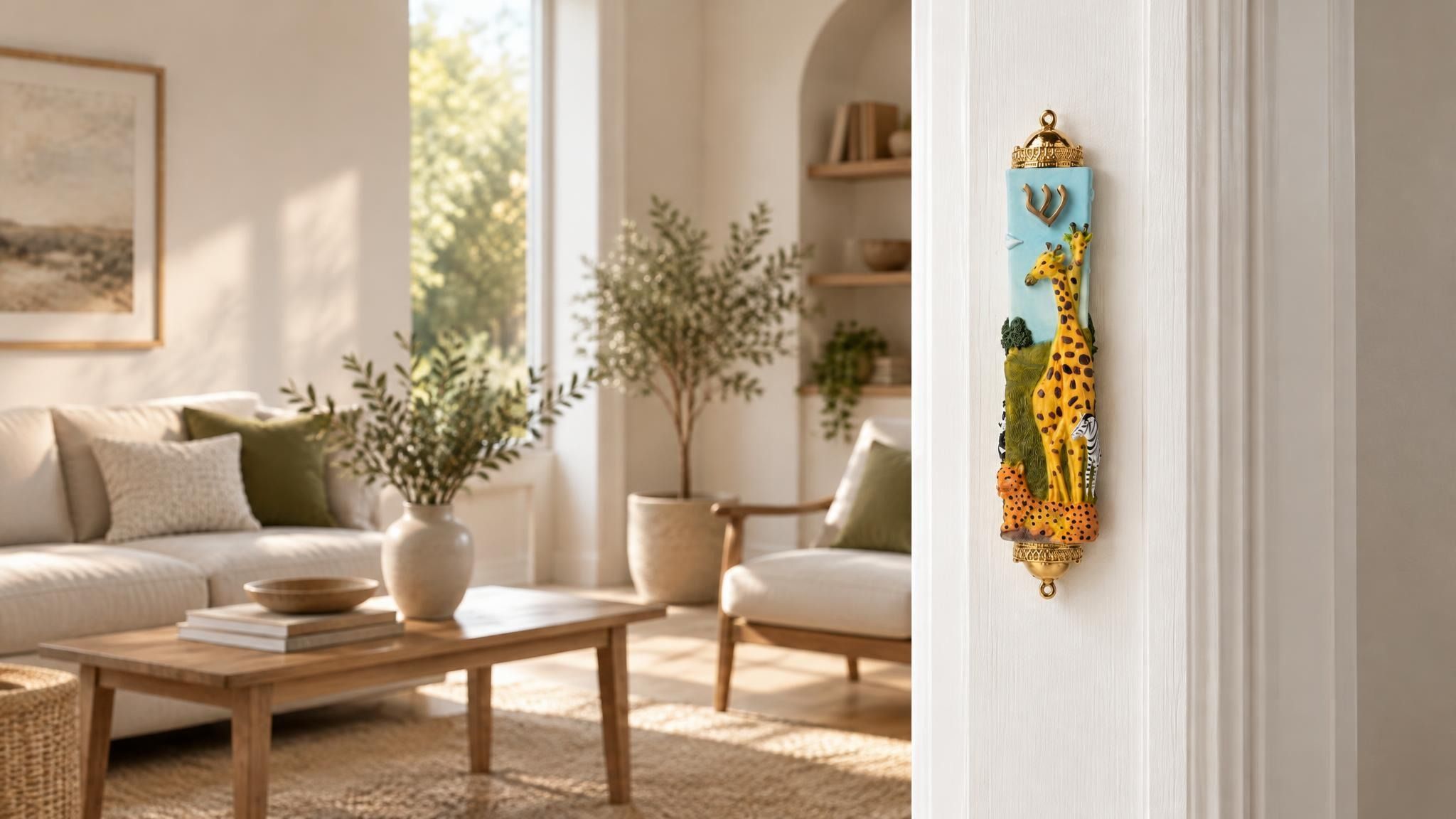 Savannah Safari Fimo Mezuzah mounted vertically on a pale home doorpost, with a pale blue Fimo body with tall yellow giraffes, a zebra, spotted animals, green scenery and a gold-colored Hebrew Shin beneath decorative brass fittings creating a distinctive mezuzah cover that brings its Jewish design and decorative detail into the doorway