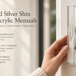 Sculpted Silver Shin Clear Acrylic Outdoor Mezuzah, a transparent waterproof case made in Israel for front entrances
