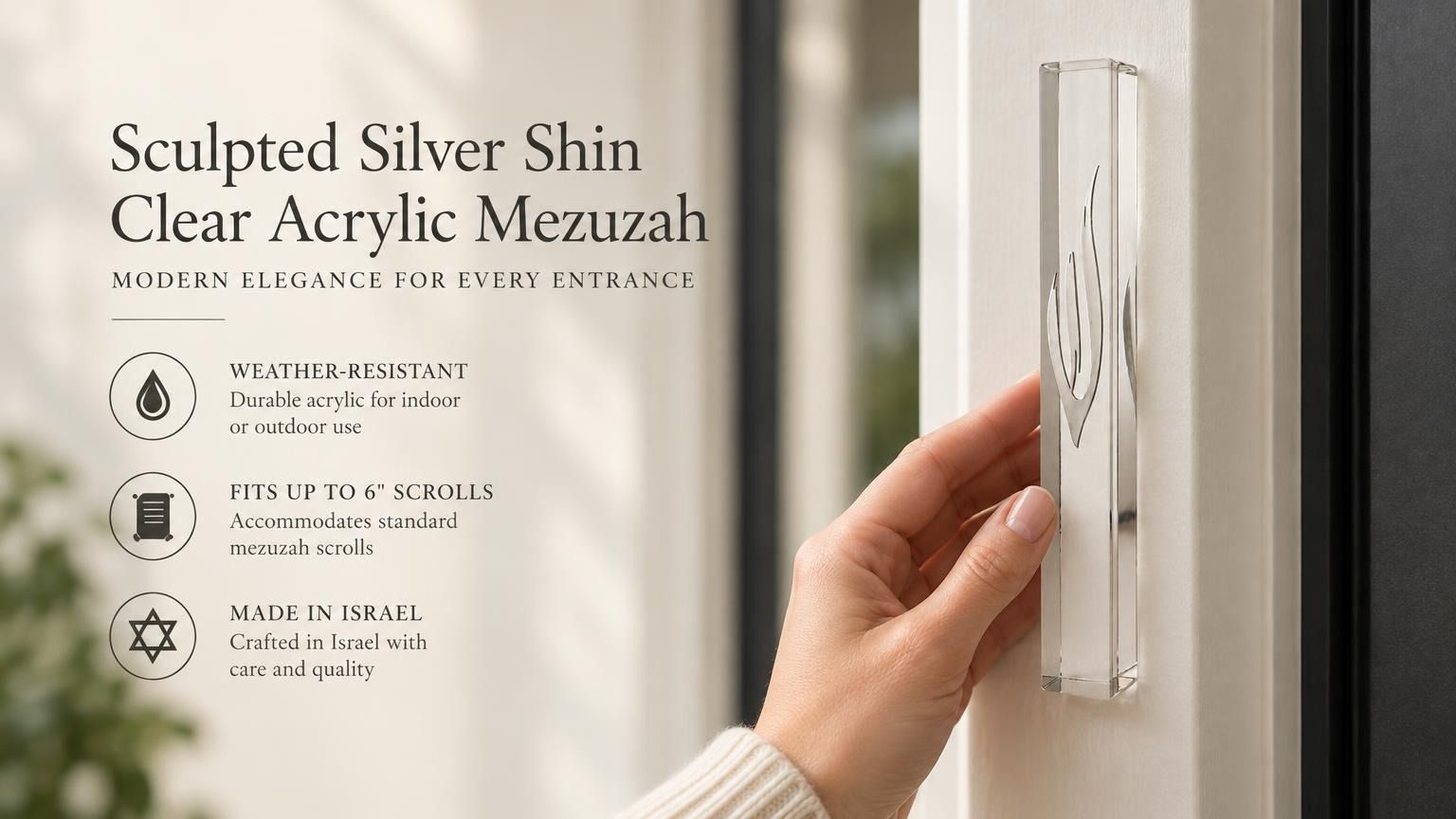 Sculpted Silver Shin Clear Acrylic Outdoor Mezuzah, a transparent waterproof case made in Israel for front entrances