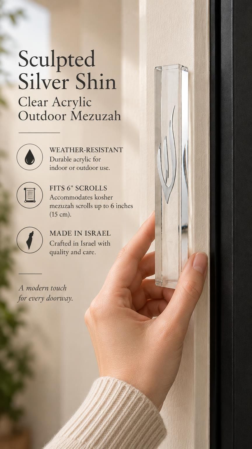 Clear acrylic mezuzah cover displayed vertically on a front doorpost, showing its large seven-inch scale and transparent rectangular body