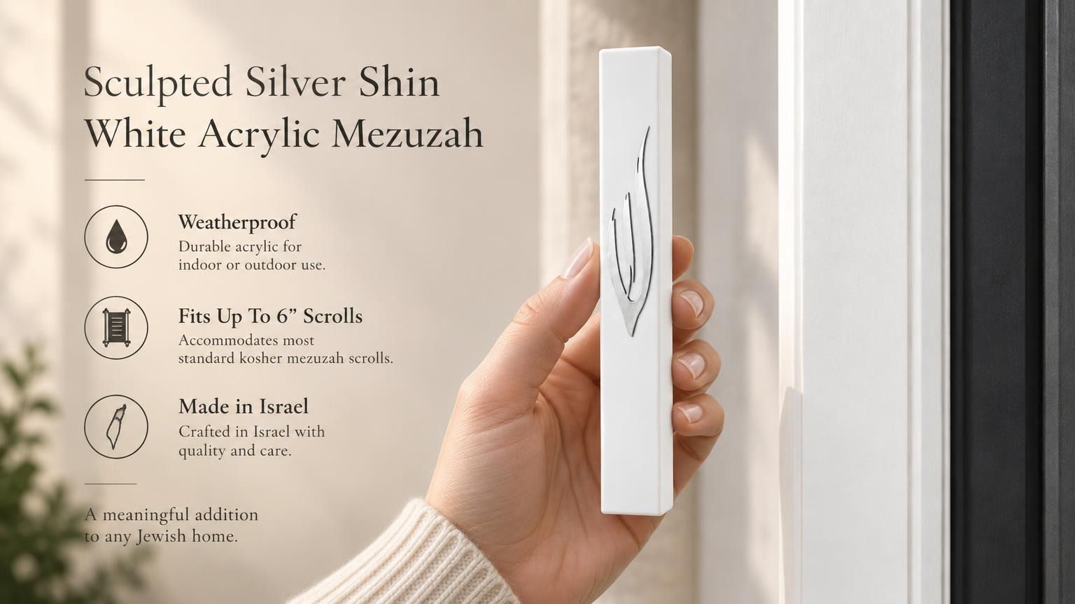 Sculpted Silver Shin White Acrylic Outdoor Mezuzah, a waterproof seven-inch case made in Israel for front doors