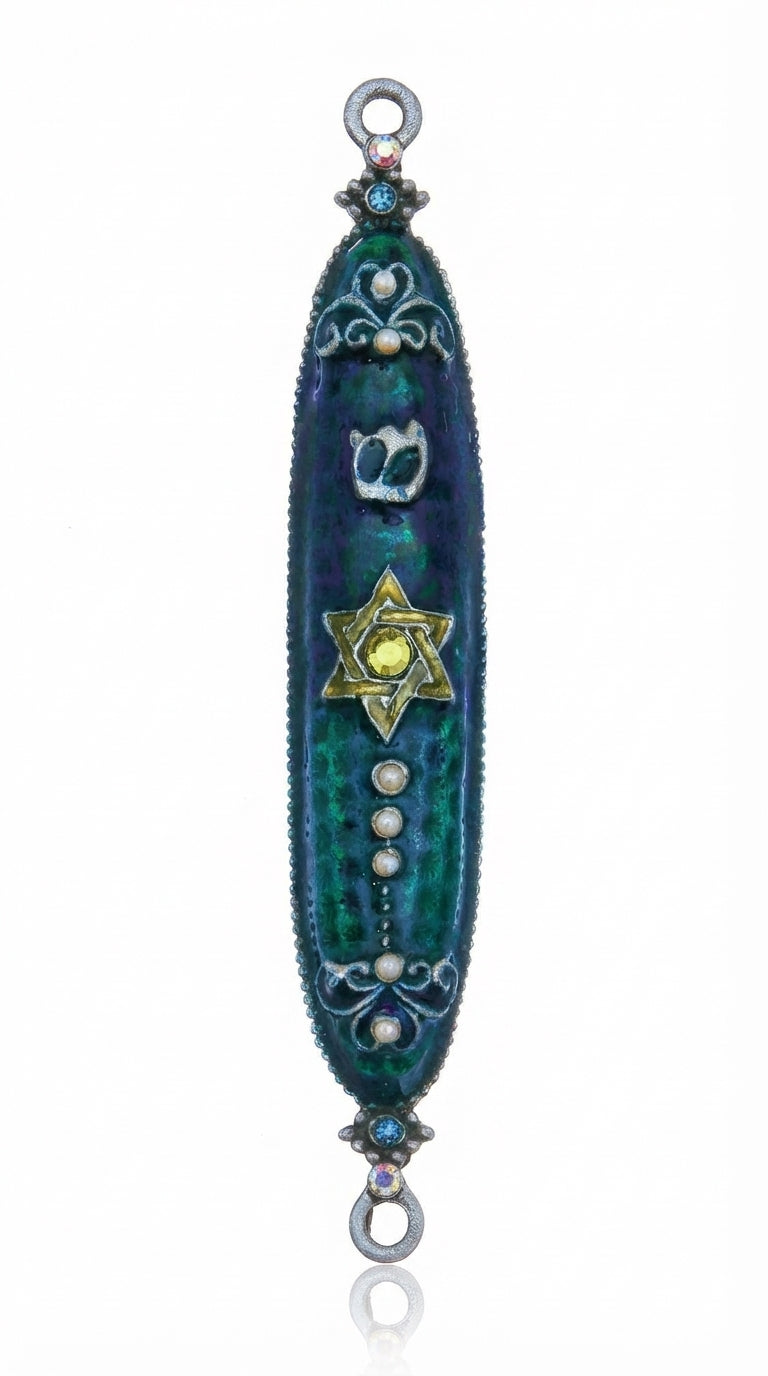 Tropical water-inspired Sea Blue Mezuzah made of pewter and enamel with pearl accents, perfect for home blessing and decoration.