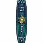 Tropical water-inspired Sea Blue Mezuzah made of pewter and enamel with pearl accents, perfect for home blessing and decoration.