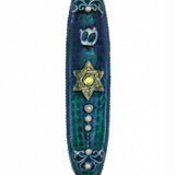 Tropical water-inspired Sea Blue Mezuzah made of pewter and enamel with pearl accents, perfect for home blessing and decoration.