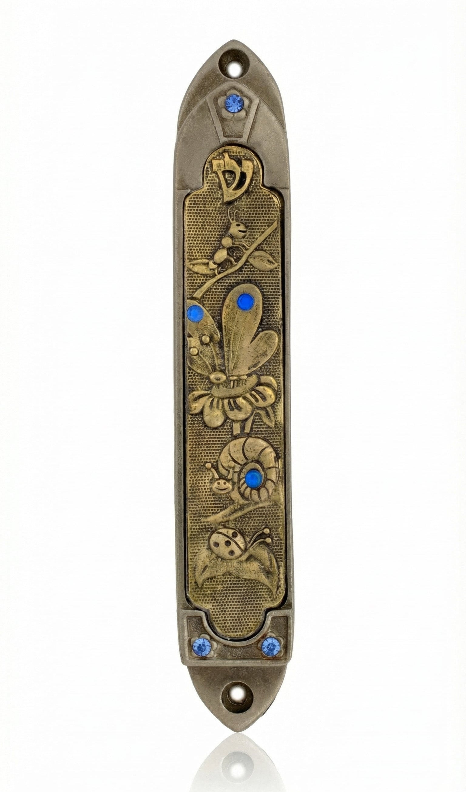 Elegant secret garden themed mezuzah made of pewter and brass, measuring 5 inches tall, with detailed Hebrew engravings and decorative motifs.