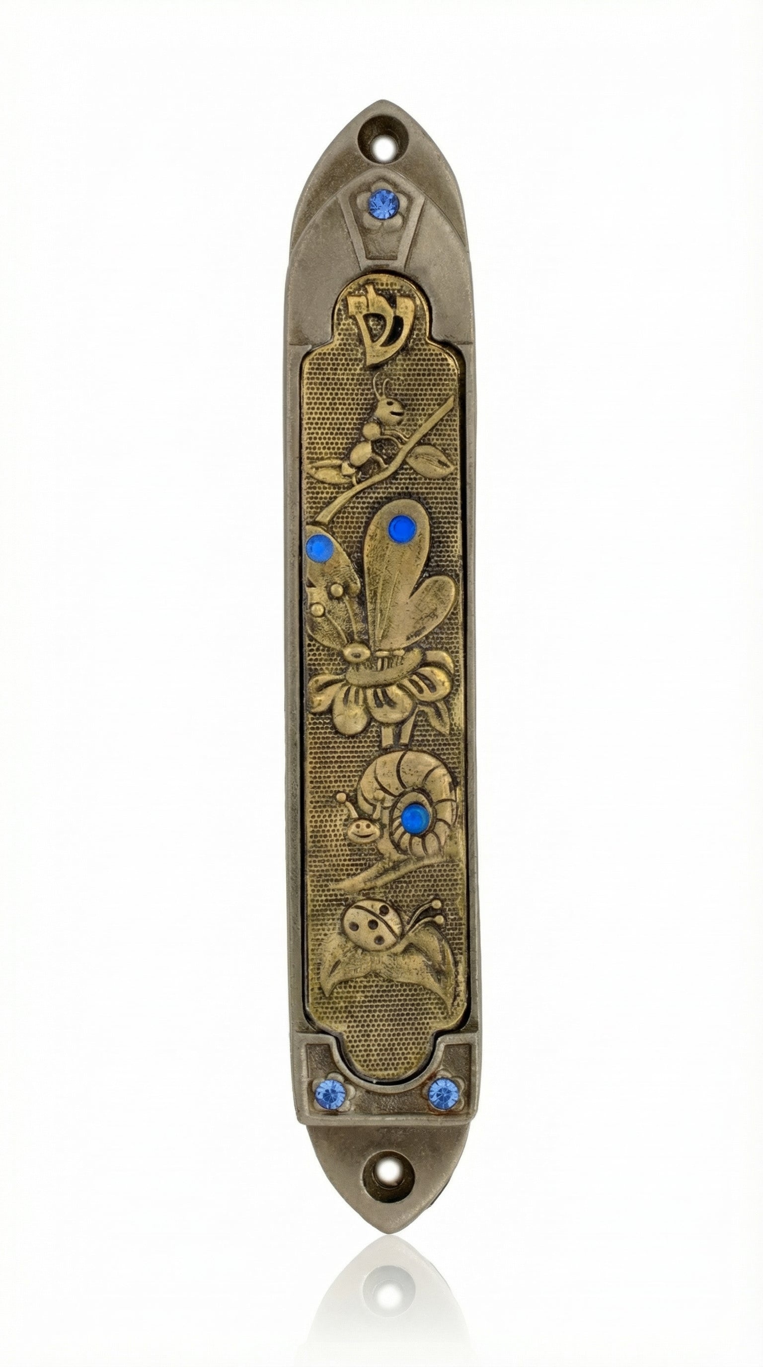 Elegant secret garden themed mezuzah made of pewter and brass, measuring 5 inches tall, with detailed Hebrew engravings and decorative motifs.
