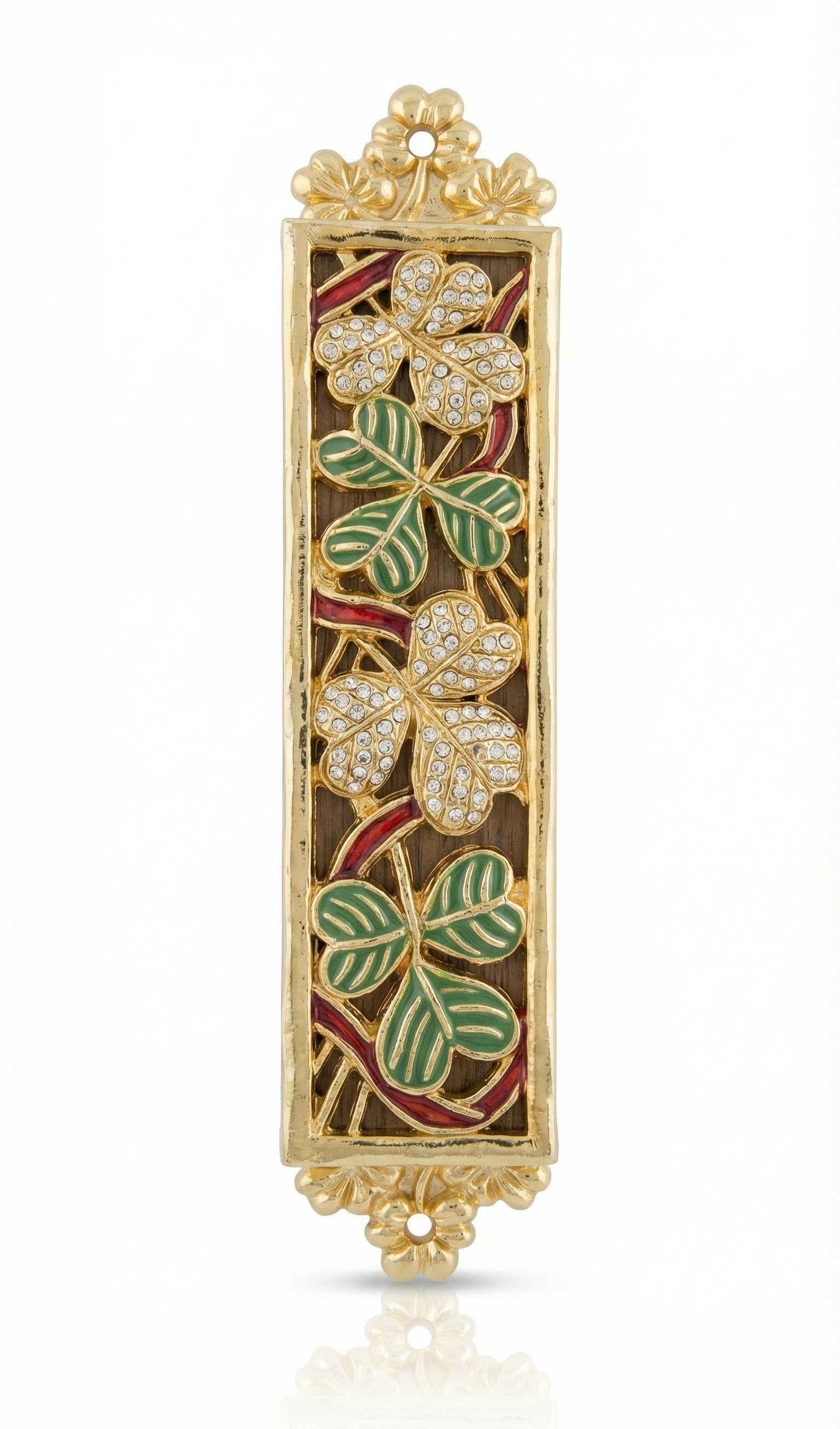 Elegant Secret Garden Mezuzah crafted from pewter, coated with 24K gold, hand-painted with enamel, adorned with Swarovski crystals, and featuring floral motifs.