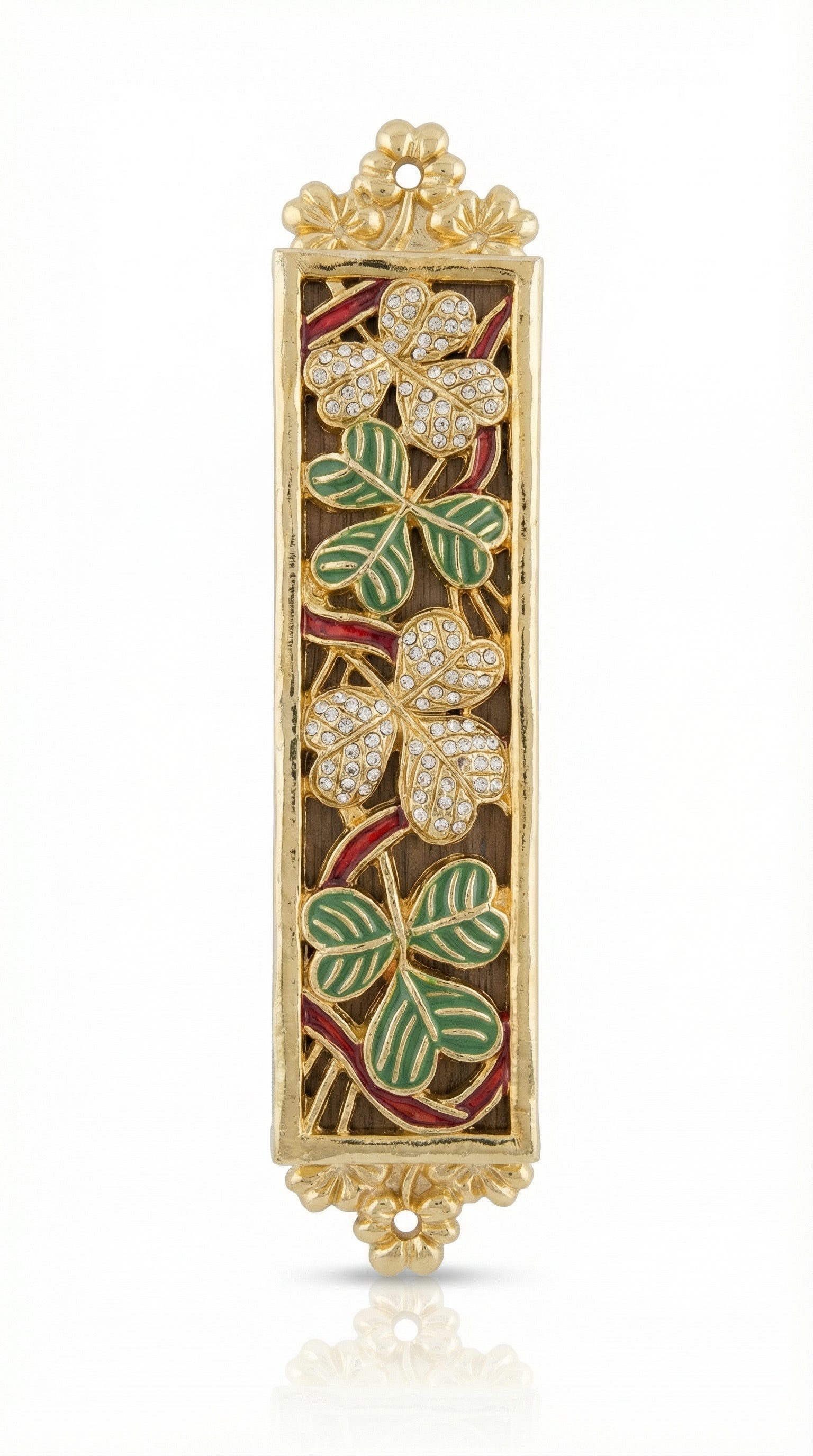 Elegant Secret Garden Mezuzah crafted from pewter, coated with 24K gold, hand-painted with enamel, adorned with Swarovski crystals, and featuring floral motifs.