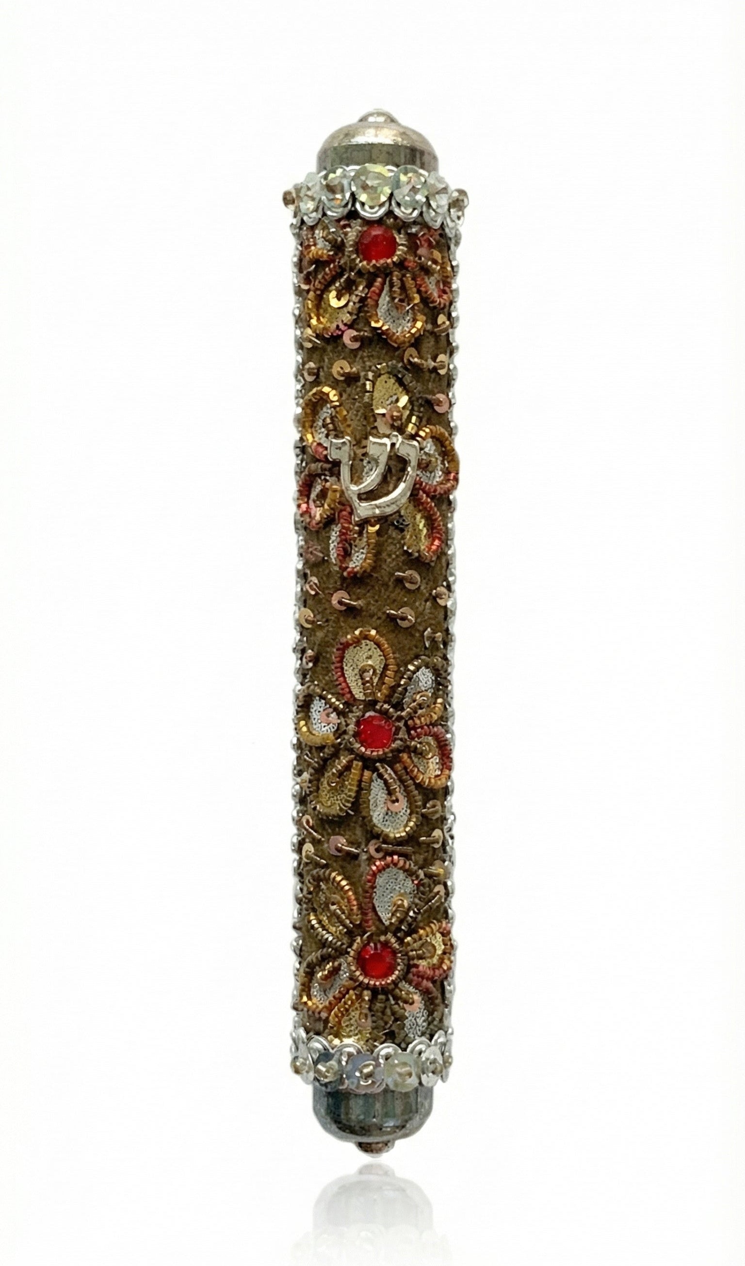 Handmade Israeli Mezuzah decorated with colorful sequins and stones, with detailed craftsmanship and double-sided tape for easy mounting.