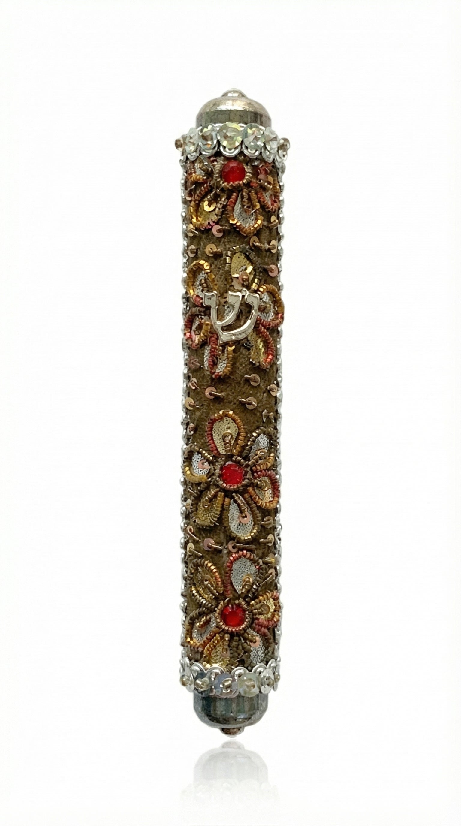 Handmade Israeli Mezuzah decorated with colorful sequins and stones, with detailed craftsmanship and double-sided tape for easy mounting.