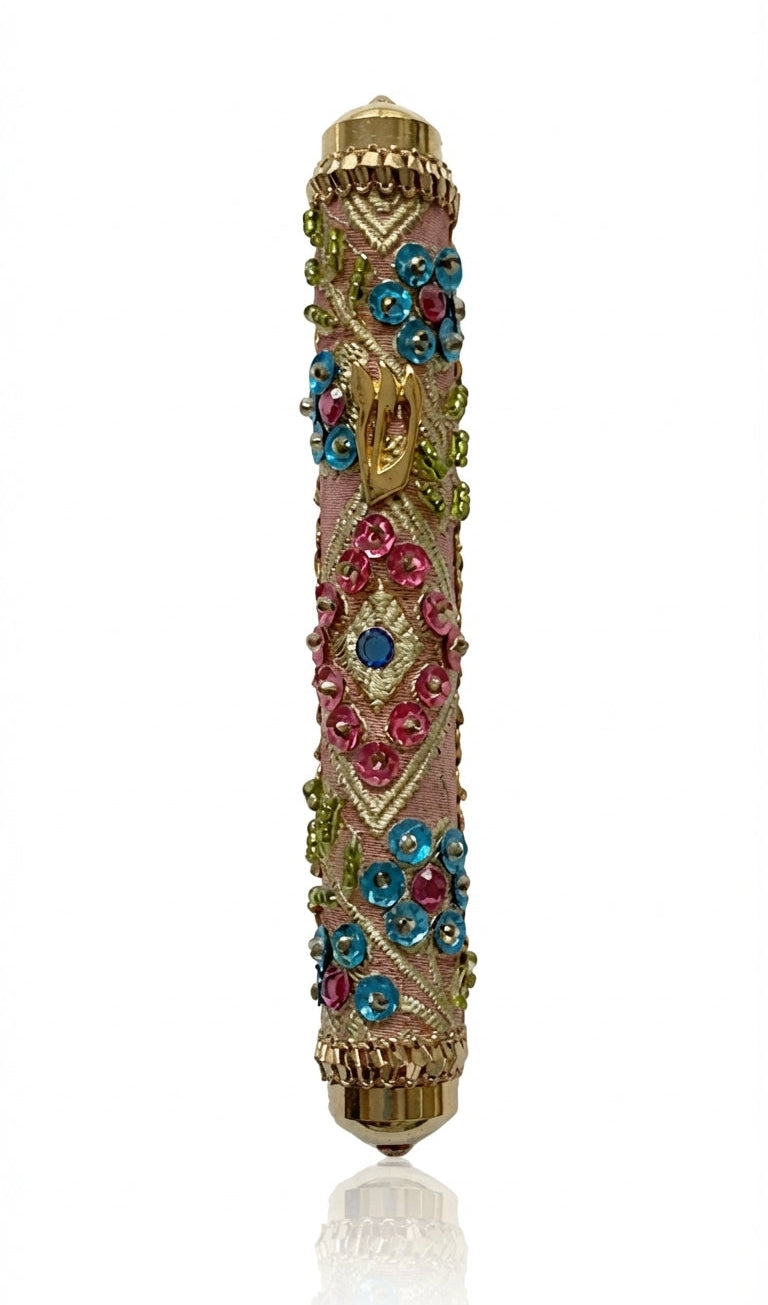 Handmade Israeli Mezuzah decorated with colorful sequins and stones, with precise details and a clean white background for elegant presentation.