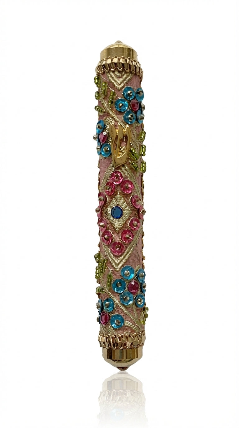 Handmade Israeli Mezuzah decorated with colorful sequins and stones, with precise details and a clean white background for elegant presentation.