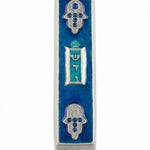 High-resolution image of a serene Mezuzah featuring ocean blue and turquoise shades, bordered by sequinned Hamsas, with a deep blue enamel background.