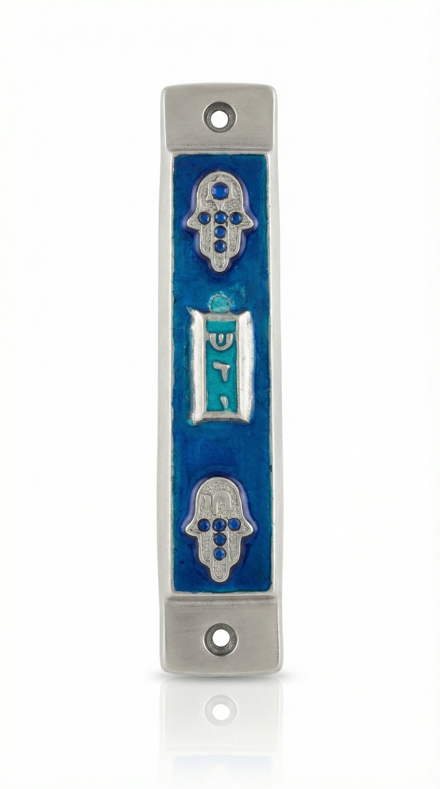 High-resolution image of a serene Mezuzah featuring ocean blue and turquoise shades, bordered by sequinned Hamsas, with a deep blue enamel background.