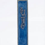 High-resolution image of a serene ocean blue enamel mezuzah with pewter finish, detailed engraving, and decorative motifs, on a white background.