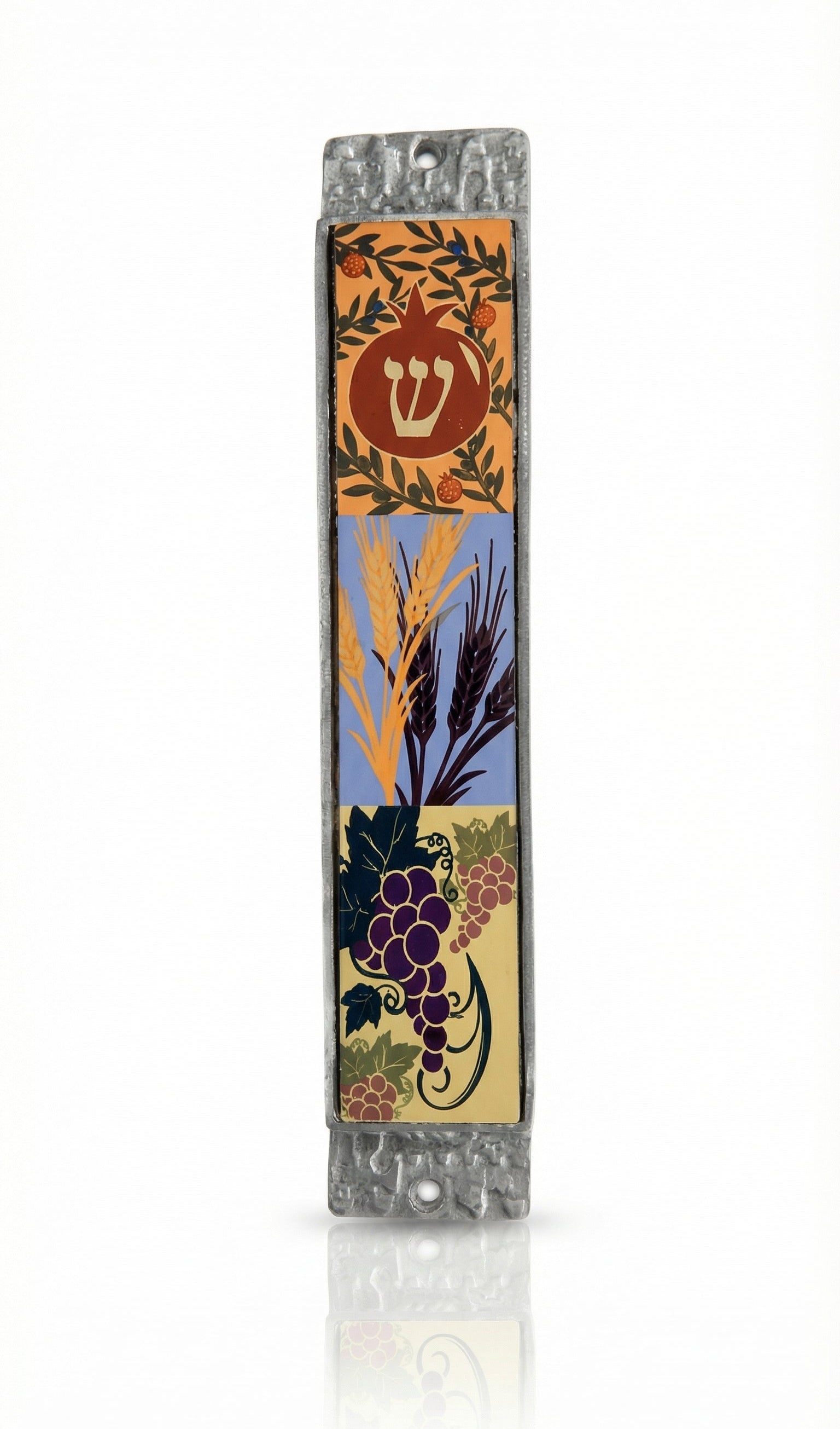 Elegant Seven Species Mezuzah made of wood and pewter, showcasing intricate Hebrew engravings on a white studio background with soft reflection.