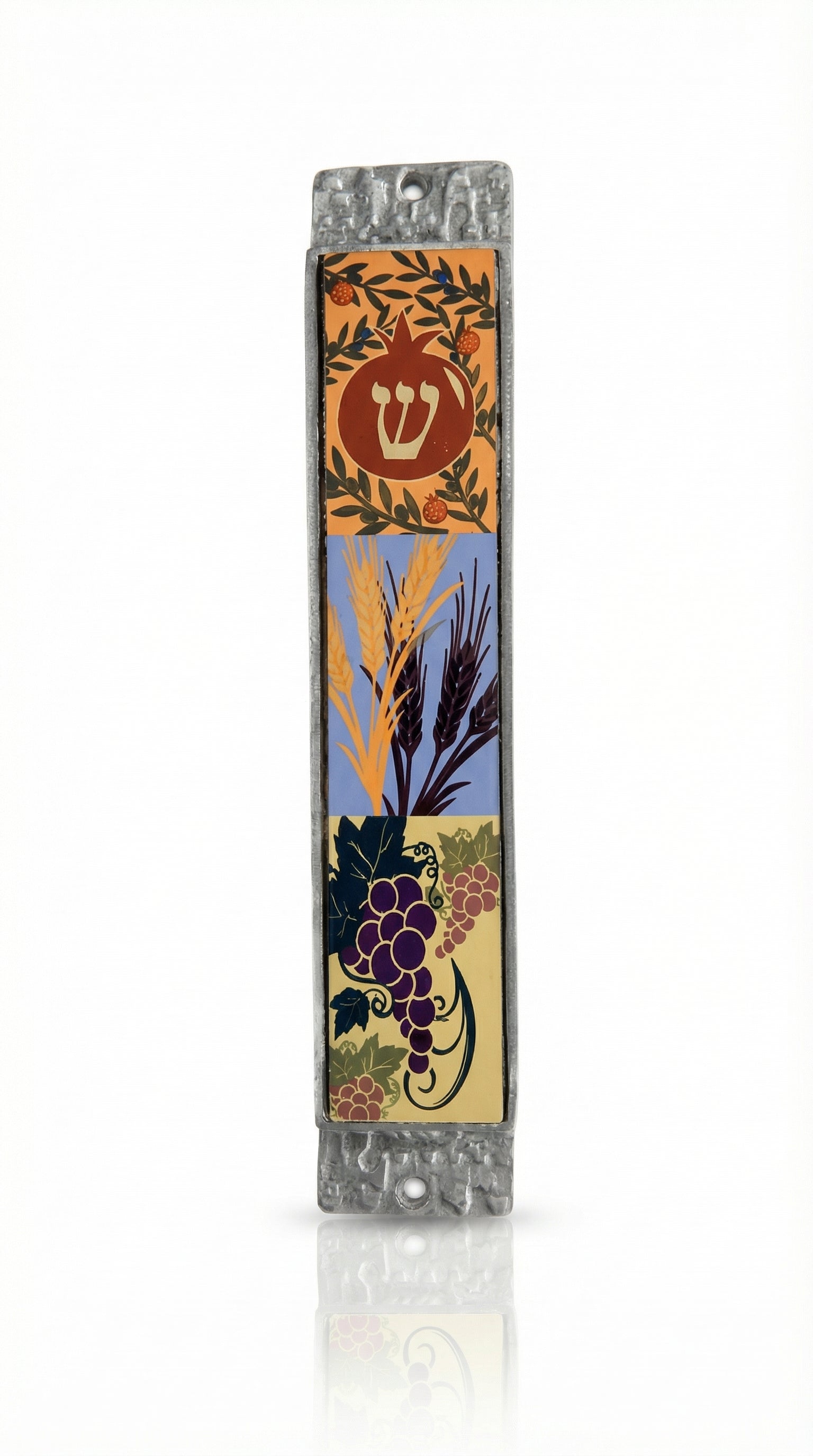 Elegant Seven Species Mezuzah made of wood and pewter, showcasing intricate Hebrew engravings on a white studio background with soft reflection.
