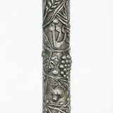 High-quality Seven Species Mezuzah made of pewter with Swarovski stones, measuring 6 inches long by 1.6 inches wide, displayed on a white studio surface with soft reflection.