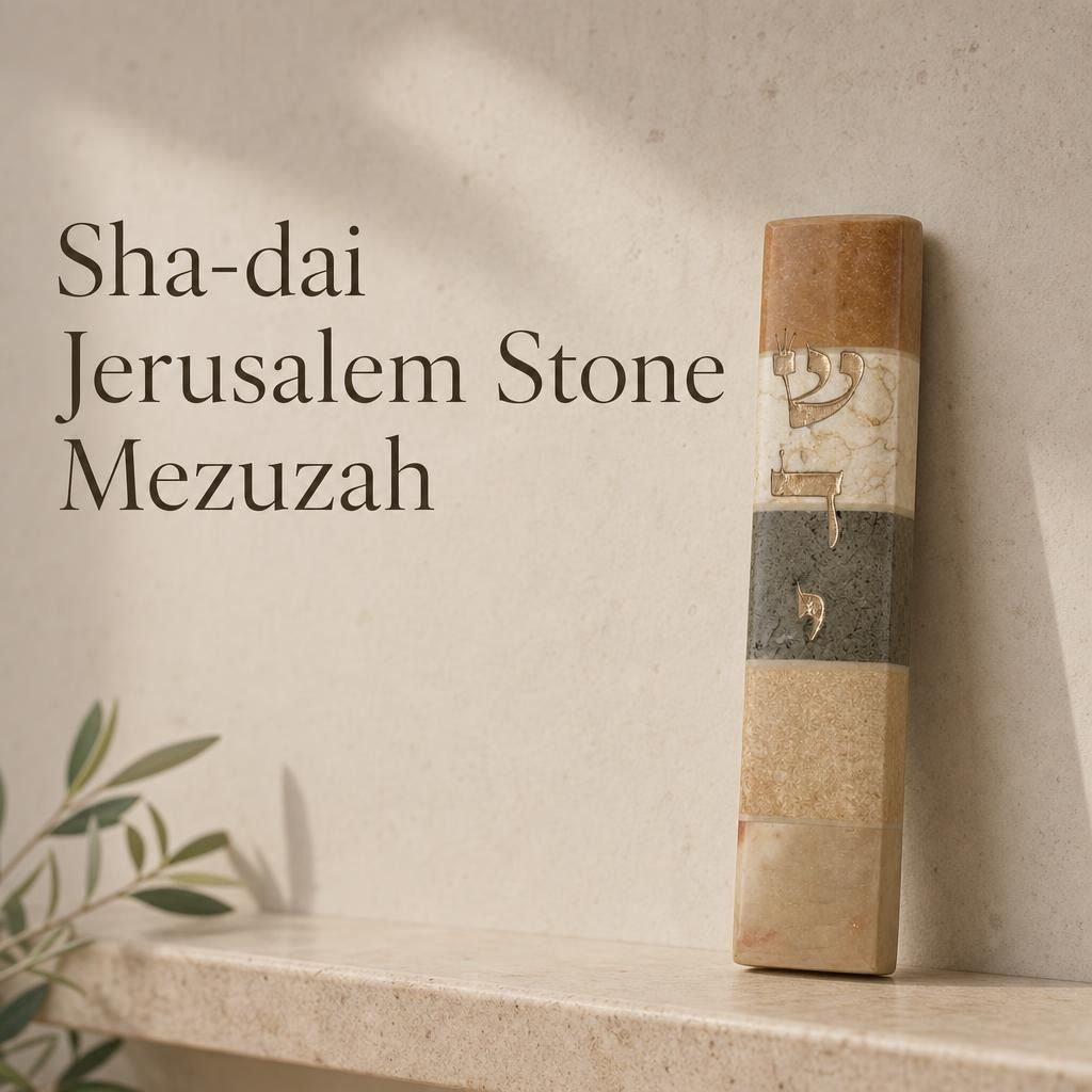 Handcrafted Jerusalem stone mezuzah case with Hebrew inscription, natural layered stone in warm tones, on a modern neutral background.