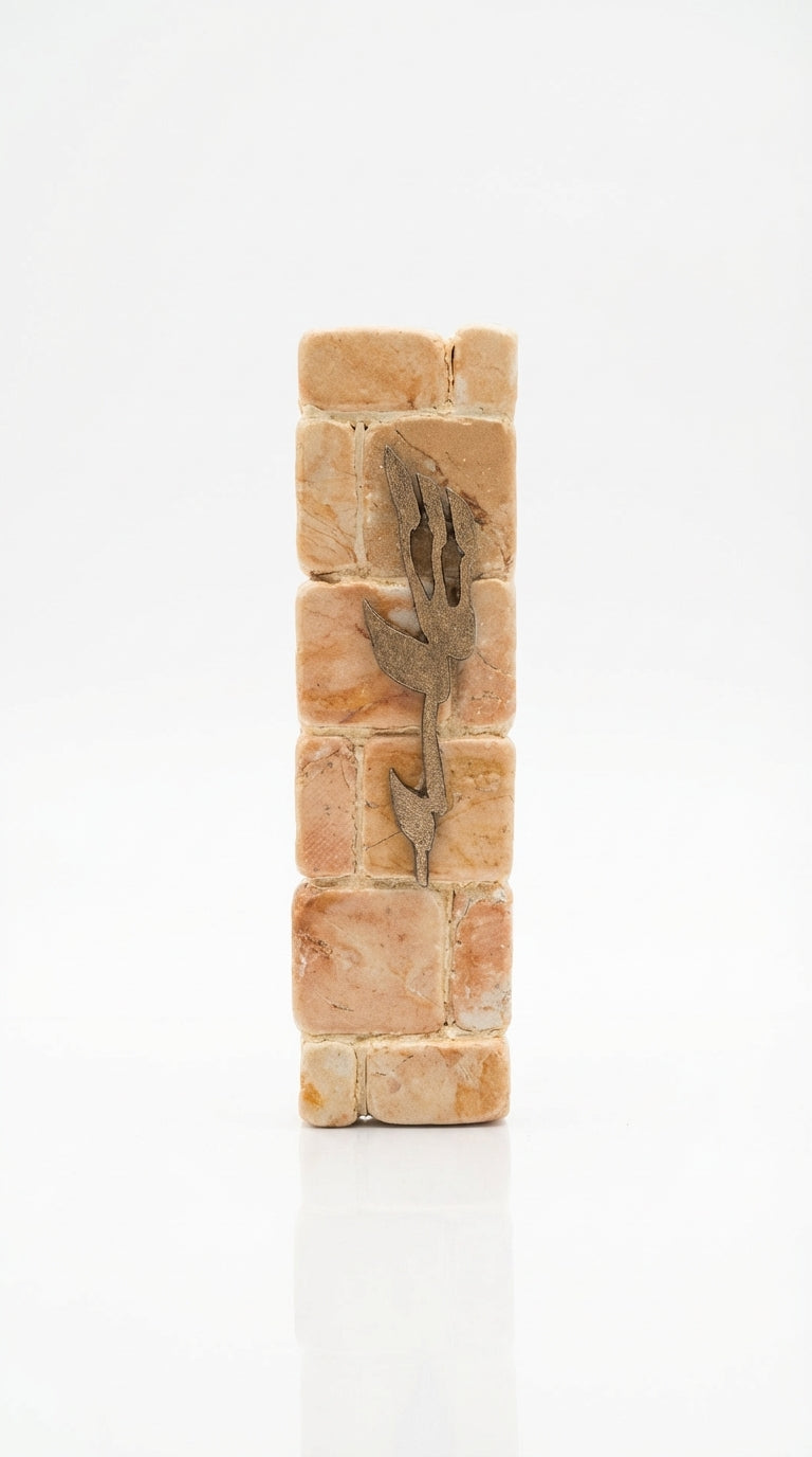 Jerusalem stone Mezuzah with Hebrew Sha-dai, handcrafted in Israel, showcasing surface texture and natural color variations.