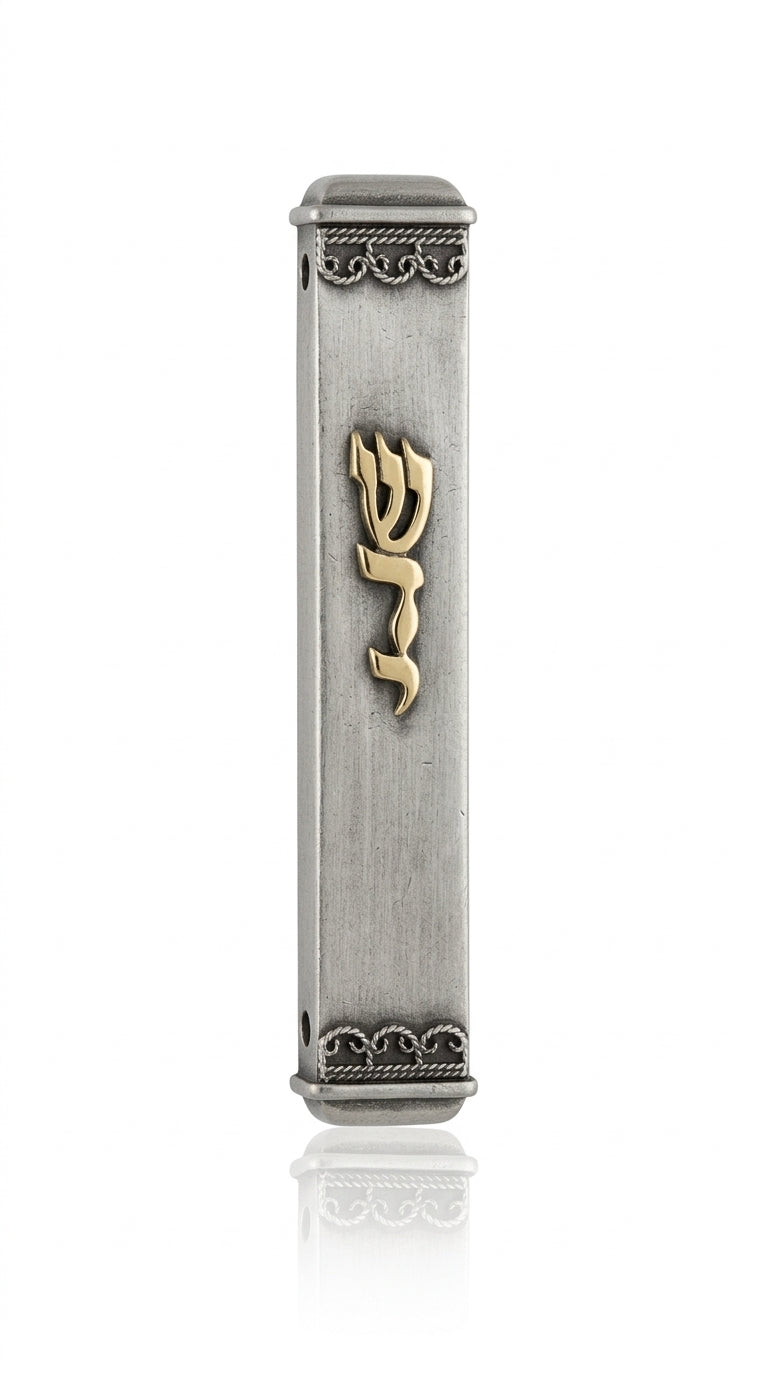 Pewter Mezuzah case designed in Israel, measuring 3.5 inches tall with detailed Hebrew engravings and decorative motifs, ready for home doorposts.